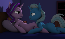 Size: 2500x1500 | Tagged: safe, artist:argos90, starlight glimmer, trixie, pony, unicorn, g4, 3d, bedroom eyes, female, imminent sex, lesbian, mare, ship:startrix, shipping, starlight's room
