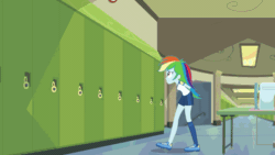 Size: 1920x1080 | Tagged: safe, screencap, rainbow dash, equestria girls, g4, my little pony equestria girls: choose your own ending, sock it to me, sock it to me: rarity, animated, canterlot high, clothes, cute, dashabetes, female, gif, hallway, impatient, lockers, loop, pacing, perfect loop, shorts, solo
