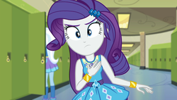 Size: 1908x1080 | Tagged: safe, screencap, rarity, trixie, equestria girls, equestria girls series, g4, sock it to me, spoiler:choose your own ending (season 2), spoiler:eqg series (season 2), bracelet, canterlot high, female, geode of shielding, hallway, jewelry, lockers, looking at you, magical geodes