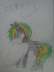 Size: 669x880 | Tagged: safe, alternate version, artist:orozcomallela, oc, oc only, oc:vermont black, earth pony, pony, crying, frown, looking down, male, scarfless monty, solo, stallion, traditional art, wings