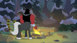 Size: 1920x1080 | Tagged: safe, screencap, lord tirek, centaur, frenemies (episode), g4, bracer, butt, campfire, cloven hooves, colored hooves, fire, forest, log, male, pine tree, plot, solo, tirump, tree, tree stump