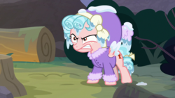 Size: 1920x1080 | Tagged: safe, screencap, cozy glow, pegasus, pony, frenemies (episode), g4, angry, clothes, cozy glow is not amused, female, filly, foal, forest, hat, log, solo, tree stump, winter outfit