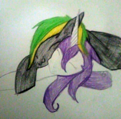 Size: 720x705 | Tagged: safe, artist:orozcomallela, rarity, oc, oc:vermont black, earth pony, pony, unicorn, g4, :3, canon x oc, clothes, female, male, mare, scarfless monty, shipping, sleeping, stallion, traditional art