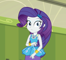 Size: 1178x1080 | Tagged: safe, screencap, rarity, equestria girls, equestria girls series, g4, sock it to me, spoiler:choose your own ending (season 2), spoiler:eqg series (season 2), bracelet, canterlot high, female, geode of shielding, hallway, jewelry, lockers, looking at you, magical geodes, rarity peplum dress, solo