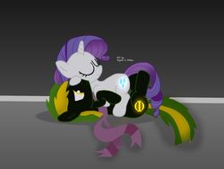 Size: 2048x1536 | Tagged: source needed, safe, artist:rogelio, rarity, oc, oc:vermont black, earth pony, pony, unicorn, g4, base used, canon x oc, clothes, couple, female, glowing cutie mark, lying on top of someone, male, mare, scarf, shipping, stallion