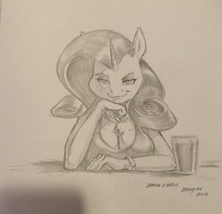 Size: 2048x1978 | Tagged: safe, artist:baron engel, rarity, unicorn, anthro, unguligrade anthro, g4, breasts, busty rarity, cleavage, female, pencil drawing, solo, traditional art