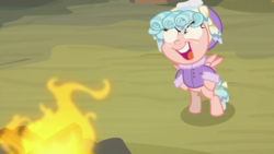 Size: 1920x1080 | Tagged: safe, screencap, cozy glow, pegasus, pony, frenemies (episode), g4, bipedal, campfire, clothes, female, filly, fire, foal, hat, solo, winter outfit