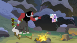 Size: 1920x1080 | Tagged: safe, screencap, cozy glow, lord tirek, centaur, pegasus, pony, frenemies (episode), g4, campfire, chair, clothes, cloven hooves, cozy glow is not amused, duo, female, filly, fire, flying, foal, forest, hat, log, male, nose piercing, nose ring, piercing, pointing, septum piercing, tree stump, winter outfit