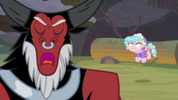 Size: 1920x1080 | Tagged: safe, screencap, cozy glow, lord tirek, centaur, pegasus, pony, frenemies (episode), g4, clothes, cozy glow is not amused, duo, eyes closed, female, filly, foal, hat, log, male, nose piercing, nose ring, open mouth, piercing, septum piercing, winter outfit