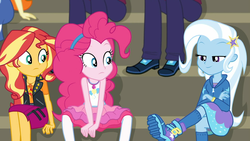 Size: 1914x1080 | Tagged: safe, screencap, golden hazel, marco dafoy, pinkie pie, sunset shimmer, track starr, trixie, equestria girls, g4, my little pony equestria girls: choose your own ending, sock it to me, sock it to me: trixie, bleachers, boots, clothes, crossed arms, crossed legs, crystal prep academy uniform, female, geode of empathy, geode of fauna, geode of shielding, geode of sugar bombs, geode of super speed, geode of super strength, geode of telekinesis, hoodie, kneesocks, legs, magical geodes, male, offscreen character, pantyhose, school uniform, shoes, sitting, smug, socks
