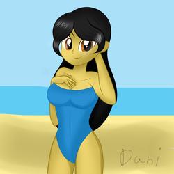 Size: 2000x2000 | Tagged: safe, artist:danielitamlp, oc, oc only, oc:dany melody, equestria girls, g4, beach, blue swimsuit, breasts, clothes, equestria girls-ified, female, high res, looking at you, ocean, one-piece swimsuit, smiling, solo, strapless, swimsuit