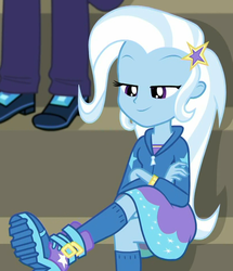 Size: 819x952 | Tagged: safe, screencap, marco dafoy, trixie, equestria girls, g4, my little pony equestria girls: choose your own ending, sock it to me, sock it to me: trixie, boots, clothes, cropped, crossed arms, cute, diatrixes, female, hoodie, legs, offscreen character, shoes, sitting, skirt, smug, socks