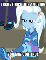Size: 500x650 | Tagged: safe, edit, edited screencap, screencap, marco dafoy, trixie, equestria girls, g4, my little pony equestria girls: choose your own ending, sock it to me, sock it to me: trixie, bleachers, boots, clothes, crossed arms, crossed legs, female, kneesocks, offscreen character, shoes, smug, socks