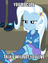 Size: 500x650 | Tagged: safe, edit, edited screencap, screencap, marco dafoy, trixie, equestria girls, g4, my little pony equestria girls: choose your own ending, sock it to me, sock it to me: trixie, bleachers, boots, clothes, crossed arms, crossed legs, cute, diatrixes, female, kneesocks, offscreen character, shoes, smug, socks
