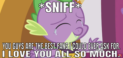Size: 638x303 | Tagged: safe, edit, edited screencap, editor:undeadponysoldier, screencap, spike, dragon, g4, the ending of the end, leak, caption, claws, crying, cute, eyes closed, image macro, in-universe brony, male, medal, series finale, sniffing, solo, spikabetes, talking to viewer, tears of joy, text, the end, winged spike, wings