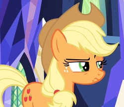 Size: 1114x958 | Tagged: safe, screencap, applejack, earth pony, pony, g4, the last laugh, applejack is not amused, eyebrows, female, mare, solo, unamused