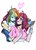 Size: 582x800 | Tagged: safe, artist:phattaraphorn_1, artist:tar, pinkie pie, rainbow dash, equestria girls, g4, clothes, cupcake, dress, female, food, heart, hug, jacket, lesbian, pinkadash, pinkamena diane pie, rainbow cupcake, ship:pinkiedash, shipping, shirt, smiling