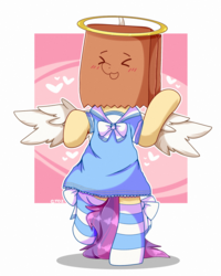 Size: 2000x2500 | Tagged: safe, artist:etoz, oc, oc only, oc:paper bag, angel, earth pony, angelic wings, bipedal, blushing, chibi, clothes, dress, fake halo, fake wings, female, halo, happy, heart, high res, mare, paper bag, socks, striped socks, wings