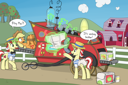 Size: 3000x2000 | Tagged: safe, artist:skitter, apple bloom, applejack, big macintosh, flam, flim, granny smith, earth pony, pony, unicorn, g4, apple tree, applejack's hat, barn, bondage, bound, bowtie, clothes, cloud, cowboy hat, cutie mark diapers, diaper, diaper fetish, diaper tf, facial hair, female, fence, fetish, flim flam brothers, glowing horn, hat, high res, hogtied, horn, imminent transformation, implied apple bloom, implied big macintosh, implied granny smith, implied murder, inanimate tf, machine, magic, male, mare, moustache, non-baby in diaper, on back, open mouth, outdoors, raised hoof, rope, scared, shocked, shrunken pupils, smiling, speech bubble, stallion, sweet apple acres, talking, telekinesis, transformation, tree