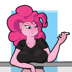 Size: 2200x2200 | Tagged: safe, artist:darka01, pinkie pie, earth pony, anthro, g4, big breasts, breasts, busty pinkie pie, cigarette, clothes, female, high res, shirt, smoke, solo