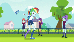 Size: 1920x1080 | Tagged: safe, screencap, crystal lullaby, ginger owlseye, melon mint, rainbow dash, rabbit, equestria girls, equestria girls series, g4, sock it to me, spoiler:choose your own ending (season 2), spoiler:eqg series (season 2), animal, animated, barefoot, cleats, clothes, feet, female, football, magic trick, no sound, shorts, sock, sock it to me: trixie, sports, trixie's magic sock, webm