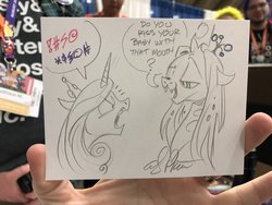 Size: 2048x1536 | Tagged: safe, artist:andypriceart, princess cadance, queen chrysalis, alicorn, changeling, changeling queen, pony, g4, andy you magnificent bastard, censored vulgarity, female, grawlixes, mare, monochrome, pencil drawing, smug, smug bug, traditional art