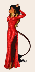 Size: 1459x2967 | Tagged: safe, artist:blackblood-queen, oc, oc only, oc:daniel dasher, dracony, hybrid, anthro, unguligrade anthro, anthro oc, clothes, cloven hooves, crossdressing, dress, eyes closed, eyeshadow, femboy, leonine tail, lipstick, makeup, male, missing wing, red dress, side slit, solo, total sideslit