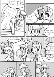 Size: 1493x2125 | Tagged: safe, artist:provolonepone, applejack, rarity, earth pony, pony, unicorn, comic:a sapphic story, g4, carousel boutique, clothes, comic, cute, dress, implied lesbian, jackabetes, monochrome, raribetes, undressing
