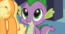Size: 1600x850 | Tagged: safe, screencap, applejack, spike, dragon, earth pony, pony, g4, spike at your service, adorable face, cute, female, happy, looking at you, male, mare, spikabetes