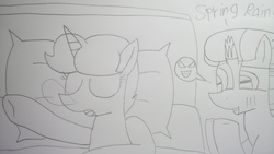 Size: 5312x2992 | Tagged: safe, artist:徐詩珮, fizzlepop berrytwist, spring rain, tempest shadow, pony, unicorn, g4, bed, broken horn, dialogue, female, horn, lesbian, lineart, mare, prank, ship:springshadow, shipping, sleeping, traditional art