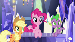 Size: 1920x1080 | Tagged: safe, screencap, applejack, pinkie pie, spike, dragon, pony, g4, the last laugh, cute, cutie map, diapinkes, prone, smiling, twilight's castle, winged spike, wings