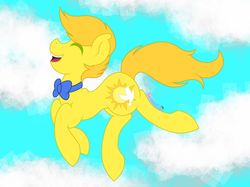 Size: 2048x1535 | Tagged: dead source, safe, artist:psychedelic strawberry, oc, oc:mellow day, earth pony, pony, bowtie, cloud, cutie mark, eyes closed, happy, male, sky, stallion