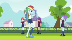 Size: 1280x720 | Tagged: safe, screencap, crystal lullaby, ginger owlseye, melon mint, rainbow dash, equestria girls, equestria girls series, g4, sock it to me, spoiler:choose your own ending (season 2), spoiler:eqg series (season 2), barefoot, clothes, feet, female, football, shorts, soccer field, sock it to me: trixie, sports