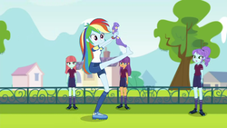 Size: 1280x720 | Tagged: safe, screencap, crystal lullaby, ginger owlseye, melon mint, rainbow dash, equestria girls, equestria girls series, g4, sock it to me, spoiler:choose your own ending (season 2), spoiler:eqg series (season 2), barefoot, cleats, feet, female, football, soccer field, sock, sock it to me: trixie, sports, trixie's magic sock