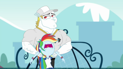 Size: 1920x1080 | Tagged: safe, screencap, bulk biceps, rainbow dash, equestria girls, g4, my little pony equestria girls: choose your own ending, sock it to me, sock it to me: bulk biceps, bulk biceps gets all the mares, catching, faint, grin, holding, open mouth, out of context, passed out, smiling, tongue out, vein