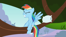 Size: 1920x1080 | Tagged: safe, screencap, rainbow dash, pegasus, pony, g4, may the best pet win, eyes closed, female, gritted teeth, mare, pillow, solo, tree, tree branch
