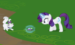 Size: 580x350 | Tagged: safe, screencap, opalescence, rarity, pony, unicorn, g4, may the best pet win, cropped, female, magic, magic aura, mare, mouse toy, toy