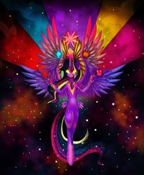 Size: 800x975 | Tagged: safe, artist:derpsonhooves, twilight sparkle, alicorn, seraph, seraphicorn, semi-anthro, g4, belly, butt wings, elements of harmony, epic, ethereal mane, female, floating, glowing eyes, jewelry, multiple wings, peytral, rainbow power, regalia, solo, space, spread wings, starry mane, stars, twilight sparkle (alicorn), ultimate twilight, watermark, wings