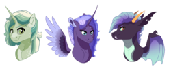 Size: 4000x1621 | Tagged: safe, artist:venommocity, oc, oc only, oc:aislinn spark, oc:chatty cathy, oc:dante, alicorn, dragonling, hybrid, pony, unicorn, female, high res, interspecies offspring, magical gay spawn, magical lesbian spawn, mare, offspring, parent:princess luna, parent:spike, parent:tempest shadow, parent:thorax, parents:tempestluna, parents:thoraxspike, simple background, transparent background