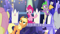 Size: 1920x1080 | Tagged: safe, screencap, applejack, fluttershy, pinkie pie, rarity, spike, dragon, pony, g4, the last laugh, cupcake, cutie map, food, twilight's castle, winged spike, wings