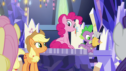 Size: 1920x1080 | Tagged: safe, screencap, applejack, fluttershy, pinkie pie, rarity, spike, dragon, pony, g4, the last laugh, cupcake, cutie map, food, offscreen character, twilight's castle, winged spike, wings