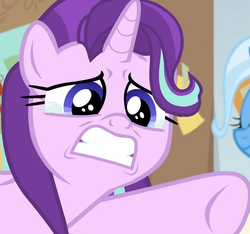 Size: 1152x1078 | Tagged: safe, screencap, starlight glimmer, trixie, pony, unicorn, a horse shoe-in, g4, season 9, cropped, crying, eyes closed, female, gritted teeth, mare, phyllis no!, raised hoof, sad, sadlight glimmer, starlight glimmer is best facemaker, teary eyes