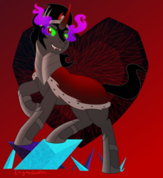 Size: 1100x1200 | Tagged: safe, artist:enigmadoodles, king sombra, pony, unicorn, g4, abstract background, crystal heart, fangs, grin, jewelry, male, raised hoof, redraw, regalia, smiling, solo, sombra eyes, stallion
