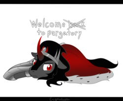 Size: 1100x900 | Tagged: safe, artist:enigmadoodles, king sombra, pony, unicorn, g4, the beginning of the end, cute, floppy ears, frown, implied death, jewelry, letterboxing, male, prone, purgatory, regalia, simple background, solo, sombradorable, stallion, white background
