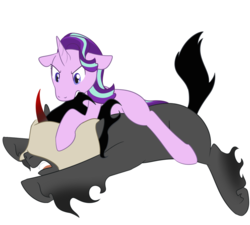 Size: 1000x900 | Tagged: safe, artist:enigmadoodles, king sombra, starlight glimmer, pony, unicorn, g4, blank flank, female, fight, floppy ears, gritted teeth, hair pulling, male, mare, missing accessory, missing cutie mark, narrowed eyes, pillow, prone, simple background, stallion, starlightsombra, unshorn fetlocks, white background