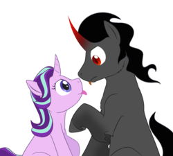 Size: 1000x900 | Tagged: safe, artist:enigmadoodles, king sombra, starlight glimmer, pony, unicorn, g4, :p, cheek fluff, chest fluff, cute, female, glimmerbetes, looking at each other, male, mare, missing accessory, raised hoof, shipping, simple background, sitting, sombradorable, stallion, starlightsombra, straight, tongue out, unshorn fetlocks, white background