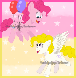 Size: 1213x1234 | Tagged: safe, artist:yoshiniyuriyaya, pinkie pie, surprise, pony, g4, balloon, floating, then watch her balloons lift her up to the sky