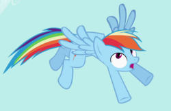 Size: 850x550 | Tagged: safe, screencap, rainbow dash, pegasus, pony, g4, season 2, the mysterious mare do well, animation error, cropped, female, flying, looking up, mare, missing eyelashes, multicolored mane, multicolored tail, no eyelashes, open mouth, solo, spread wings