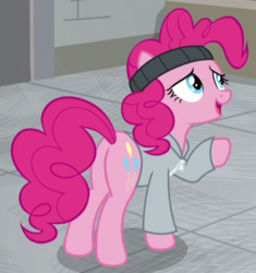Size: 426x454 | Tagged: safe, screencap, pinkie pie, earth pony, pony, g4, the last laugh, balloonbutt, butt, clothes, cropped, female, headband, hoodie, mare, plot, raised hoof, solo