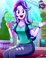Size: 920x1160 | Tagged: safe, artist:the-butch-x, part of a set, starlight glimmer, equestria girls, equestria girls specials, g4, my little pony equestria girls: mirror magic, :i, beanie, breasts, bust, butch's hello, cleavage, clothes, cute, face, faic, female, food, glimmerbetes, hair, hat, i mean i see, ice cream, ice cream cone, looking at you, mall, open mouth, open smile, ripped pants, shirt, sitting, smiling, solo, teenager, that human sure does love ice cream, that pony sure does love ice cream, vest, watch, wristwatch